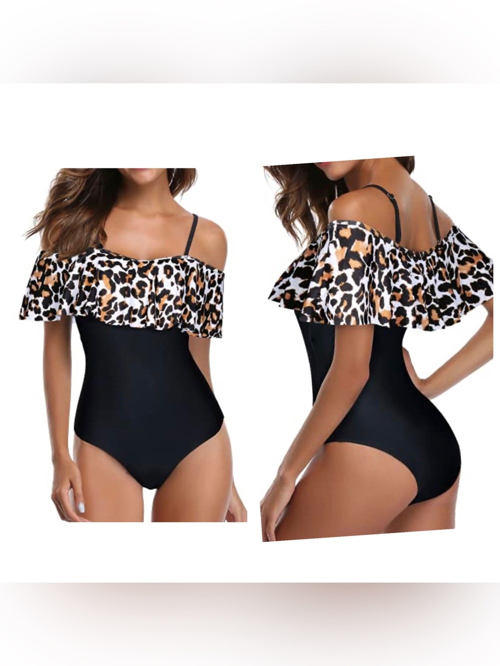 Tempt Me Leopard Print Off Shoulder One Piece Swimsuit M Black Ruffle NWT